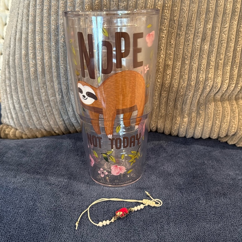 Tervis 24 Oz Tumbler Sloth “Nope not today” and Sloth bracelet